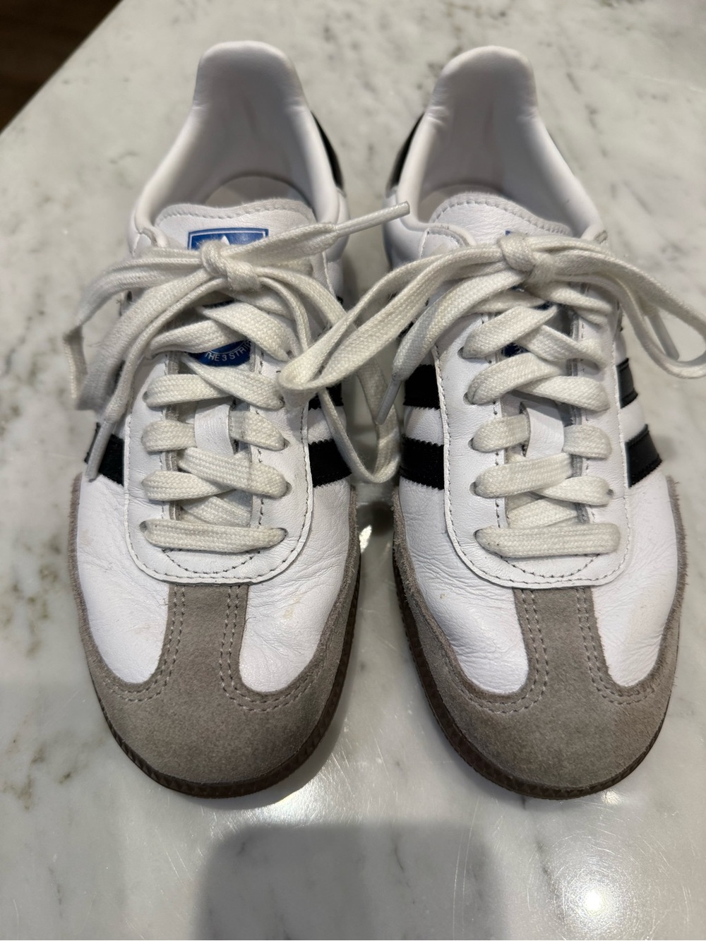 adidas White Sneakers with Black Stripes and Gray Suede Toe